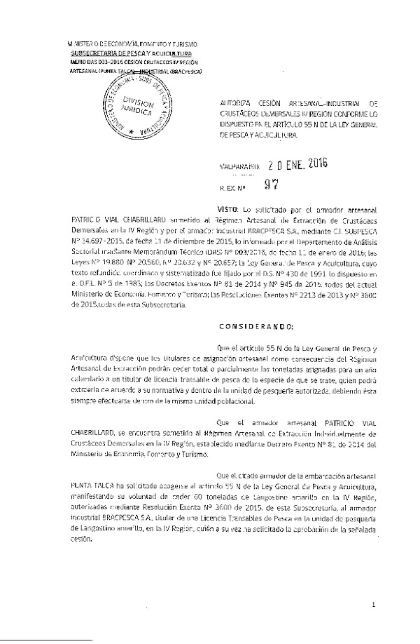 Res. Ex. N° 97-2016 Autoriza cesión crústaceos IV Región.