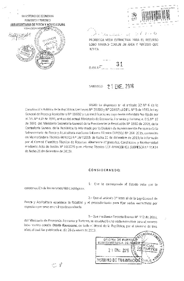 Dec. Ex. N° 31-2016 Prorroga Veda Extractiva Recurso Lobo Marino Común XV-XII Regiones. (F.D.O. 27-01-2016)