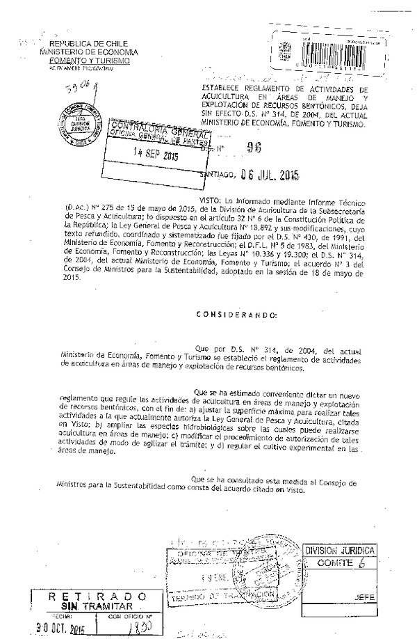 D.S. N° 96-2015 Establece Reglamento de Actividades en Áreas de Manejo y Explotación de Recursos Bentónicos. Deja Sin Efecto D.S. N° 314-2004. (F.D.O. 27-01-2016)