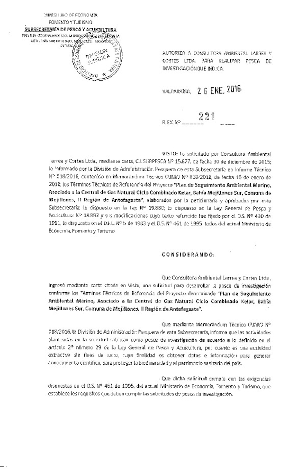 Res. Ex. N° 221-2016 Plan de seguimiento ambiental marino, Centarl de Gas Natural, II Región.