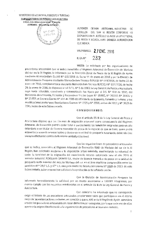 Res. Ex. N° 232-2016 Autoriza Cesión Merluza del sur, XI Región.