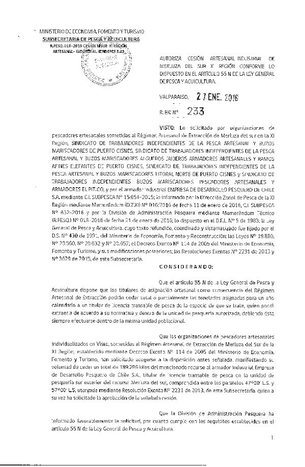 Res. Ex. N° 233-2016 Autoriza Cesión Merluza del sur, XI Región.