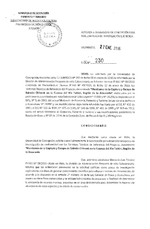 Res. Ex N° 230-2016 Monitoreo de la captura y escape de Salmón Chinook, cuenca río Toltén en la Región de la Araucanía.