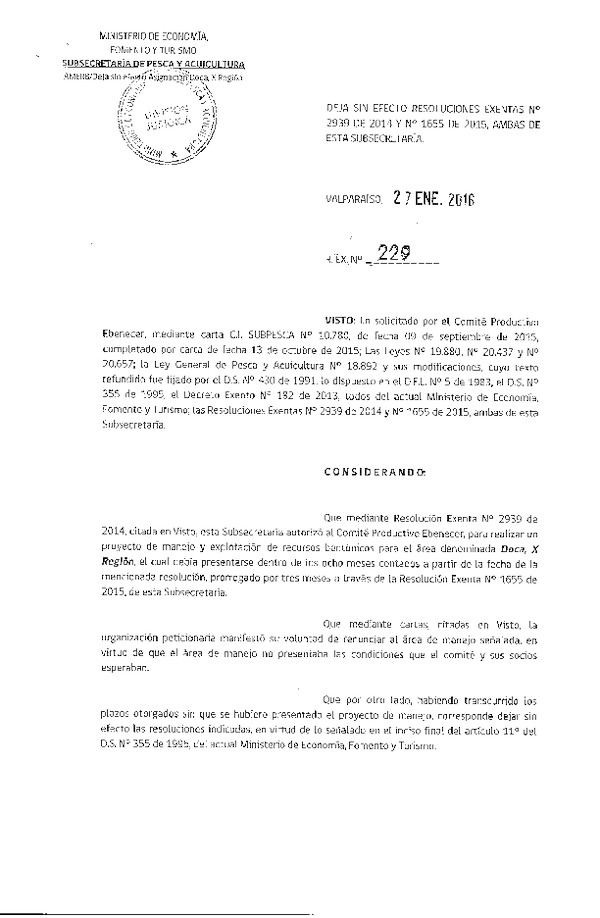 Res. Ex. N° 229-2016 DEJA SIN EFECTO Res. Ex. N° 2939-2014 y N° 1655-2015.