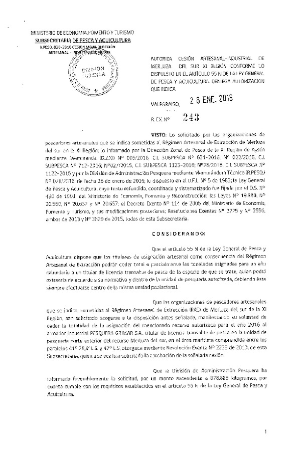 Res. Ex. N° 243-2016 Autoriza Cesión Merluza del sur, XI Región.