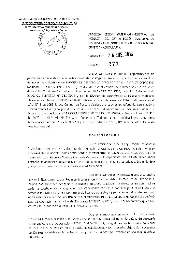 Res. Ex. N° 279-2016 Autoriza Cesión Merluza del sur, XI Región.