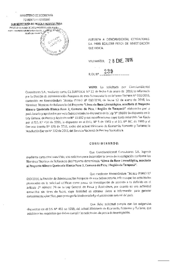 Res. Ex. N° 239-2016 Línea de base limnológica, proyecto minero Quebarada Blanca 2, I Región.