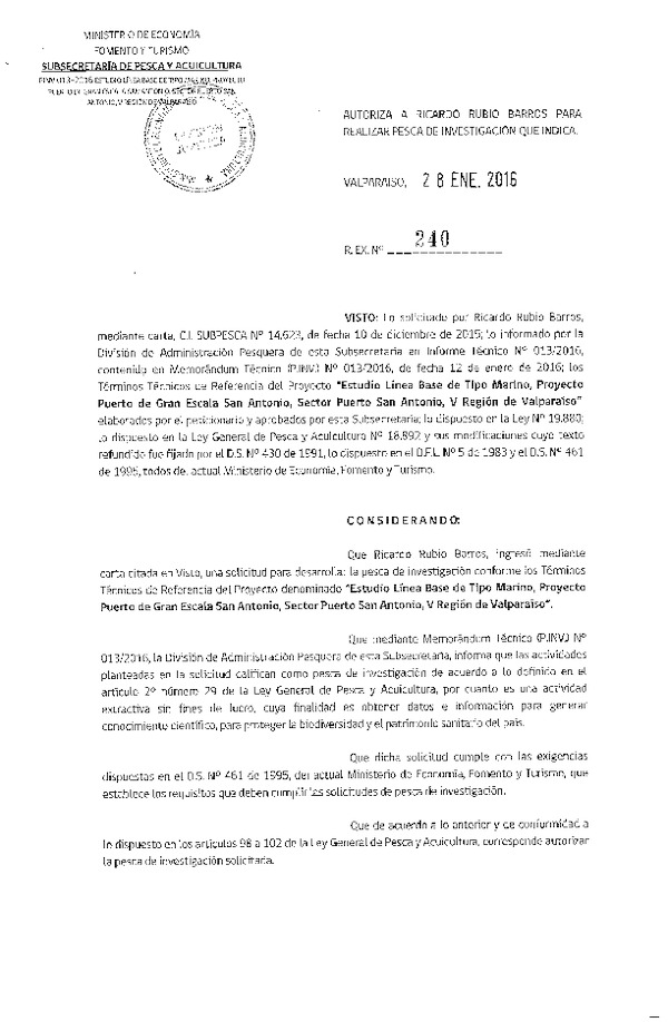 Res. Ex. N° 240-2016 Estudio línea base de tipo marino proyecto Puerto de Gran Escala San Antonio, V Región.