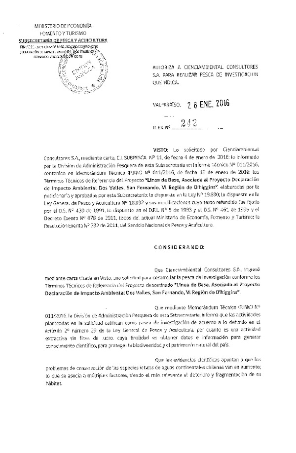 Res. Ex. N° 242-2016 Línea de base, asociada al proyecto Declaración de impacto Ambiental Dos Valles, VI Región.