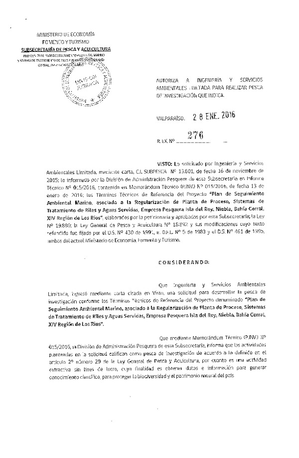 Res. Ex. N° 276-2016 Plan de seguimiento ambiental marino, Regularización de planta de proceso, Bahía Corral, XIV Región.