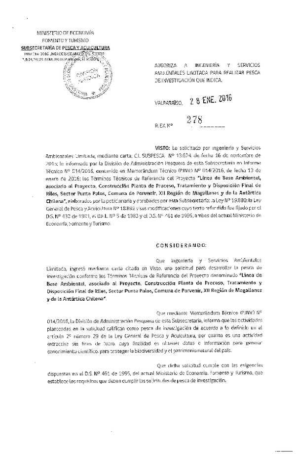 Res. Ex. N° 278-2016 Línea de base ambiental, asociado al proyecto Construcción Planta de Proceso, sector Punta Palos, XII Región.