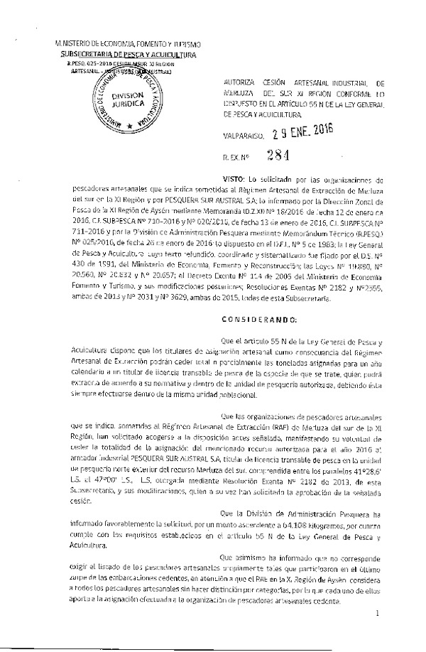 Res. Ex. N° 284-2016 Autoriza cesión Merluza del sur XI Región.