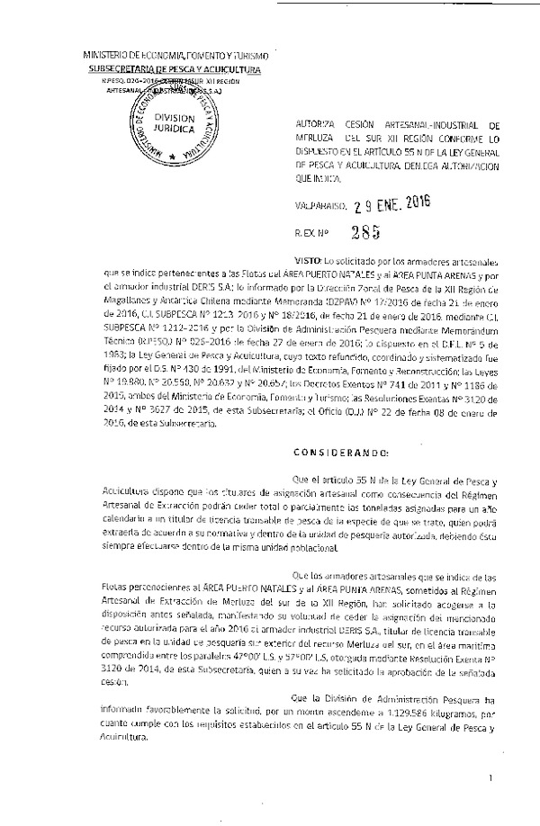 Res. Ex. N° 285-2016 Autoriza cesión Merluza del sur XII Región.