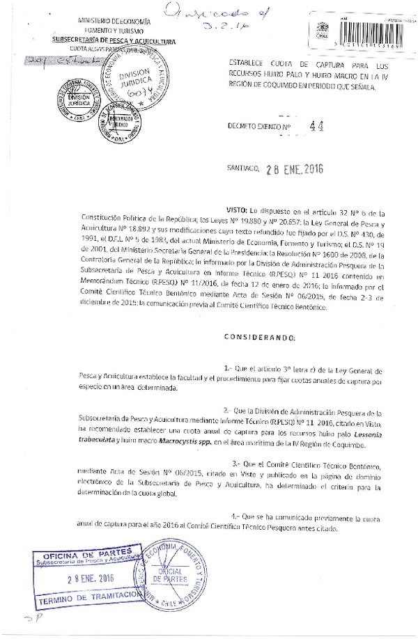 Dec. Ex. N° 44-2016 Establece Cuota de Captura Recursos Huiro negro y Huiro macro, IV Región.