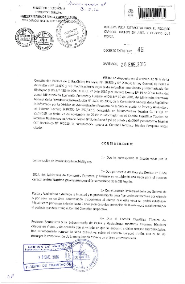 Dec. EX Nº 45-2016 Renueva Veda Extractiva Recurso Caracol Trofón, XII Región.