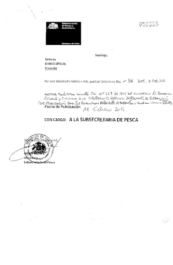 Dec. Ex. N° 58-2016 Modifica Dec. Ex. N° 227-2012 Estableció el Régimen Artesanal de Extracción por Organización para las Pesquerías Artesanales de Anchoveta y Sardina común en la VIII Región. (F.D.O. 11-02-2016)