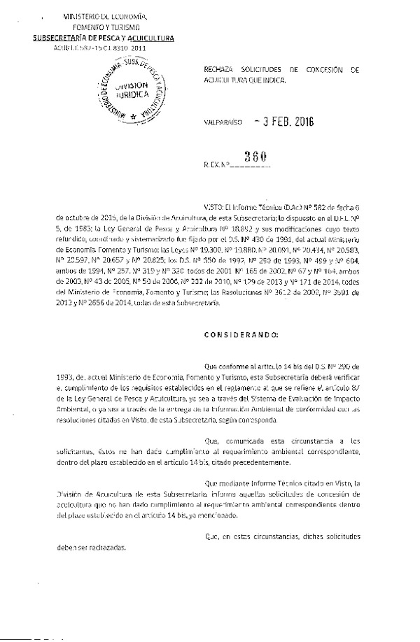 Res. Ex. N° 360-2016 Rechaza Solicitudes de Concesión de Acuicultura.