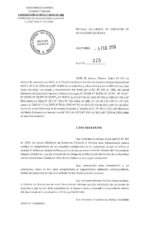 Res. Ex. N° 375-2016 Rechaza Solicitudes de Concesión de Acuicultura.