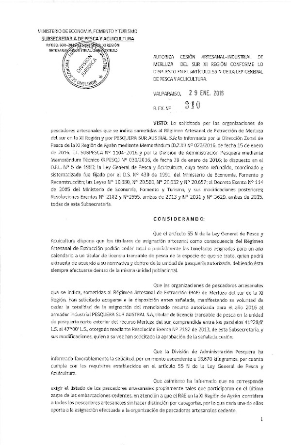 Res. Ex. N° 310-2016 Autoriza Cesión Merluza del Sur XI Región.