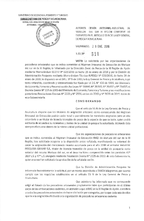 Res. Ex. N° 311-2016 Autoriza Cesión Merluza del Sur XI Región.