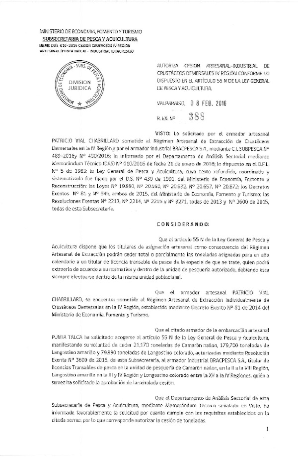 Res. Ex. N° 388-2016 Autoriza Cesión Crstáceos Demersales IV Región.