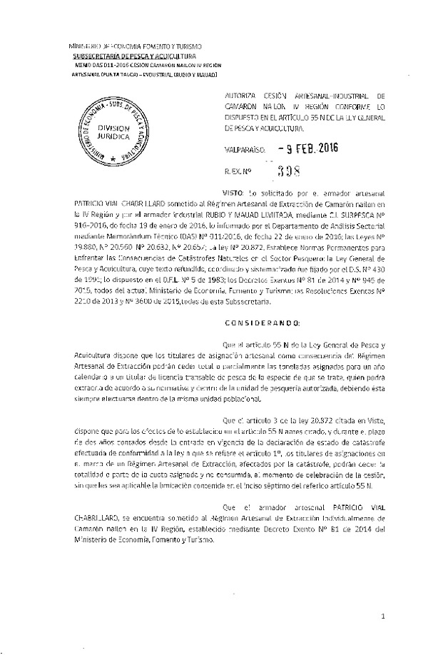 Res. Ex. N° 398-2016 Autoriza Cesión Camarón Nailon IV Región.