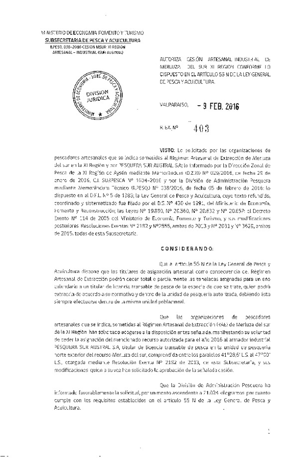 Res. Ex. N° 403-2016 Autoriza Cesión Merluza del Sur XI Región.