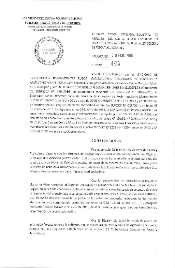 Res. Ex. N° 405-2016 Autoriza Cesión Merluza del Sur XI Región.