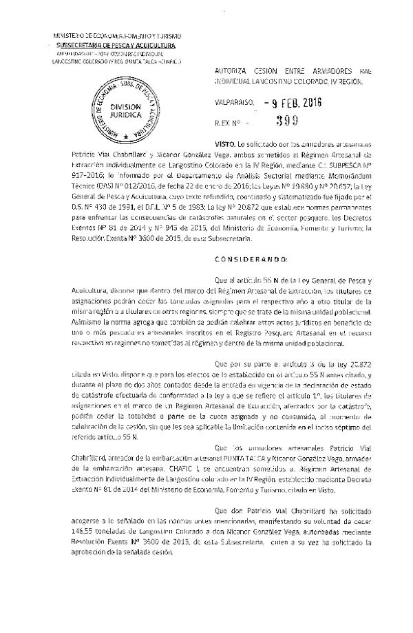 Res. Ex. N° 399-2016 Autoriza Cesión Langostino colorado IV Región.