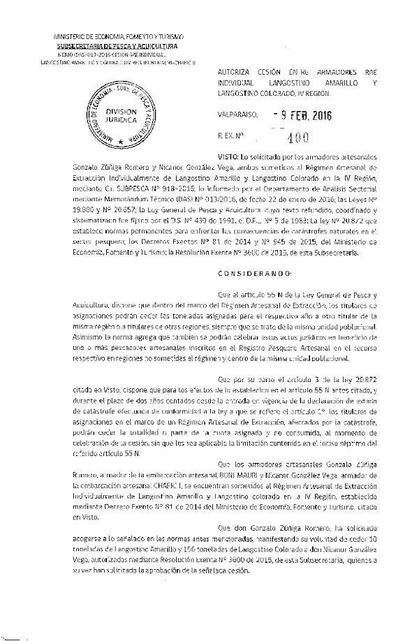 Res. Ex. N° 400-2016 Autoriza Cesión Langostino colorado y Langostino amarillo, IV Región.