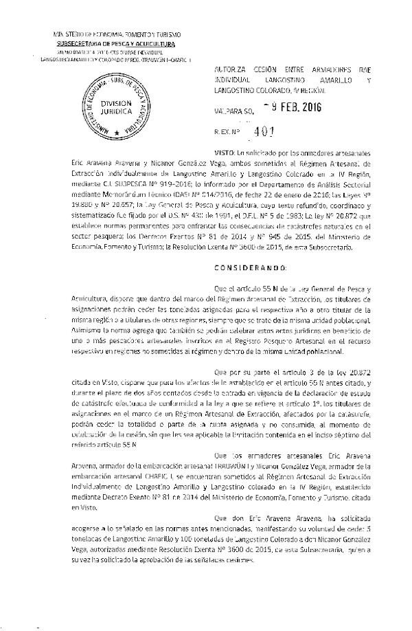 Res. Ex. N° 401-2016 Autoriza Cesión Langostino colorado y Langostino amarillo, IV Región.