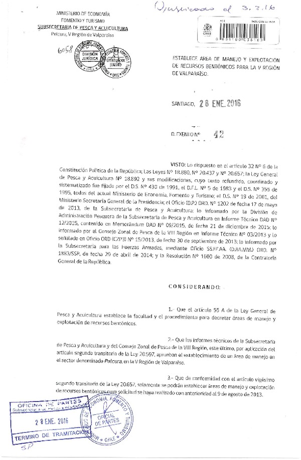 Dec. Ex. N° 42-2016 Establece Áreas de Manejo y Explotación de Recursos Bentónicos Polcura, V Región.