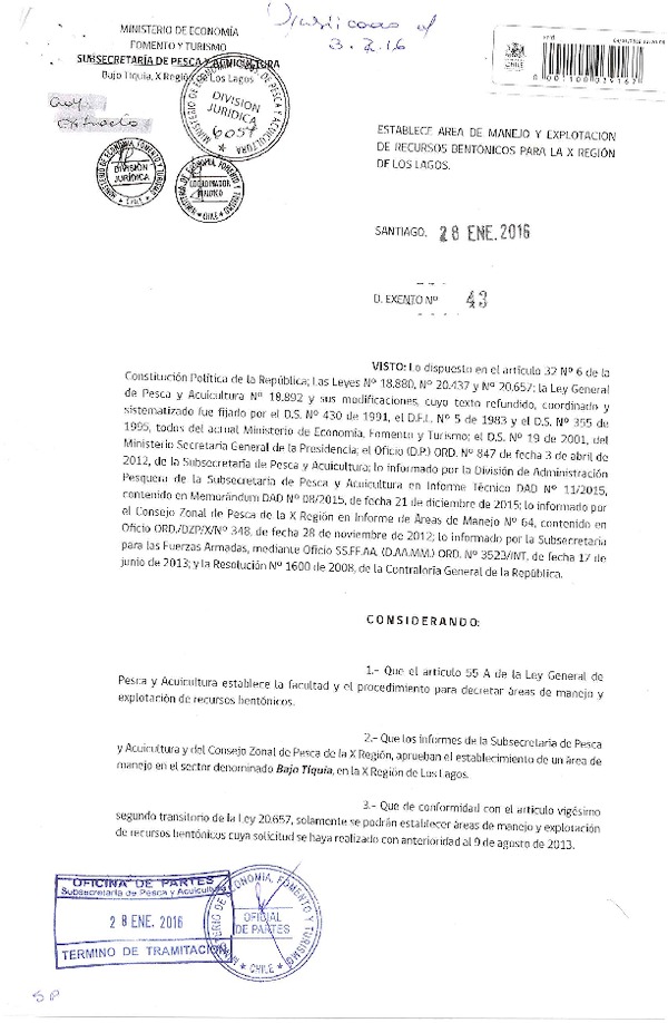 Dec. Ex. N° 43-2016 Establece Áreas de Manejo y Explotación de Recursos Bentónicos Bajo Tiquia, X Región. (F.D.O. 03-02-2016)