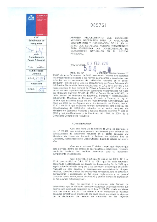 Res. Ex. N° 504-2016 Aprueba Procedimiento que Establece Medidas Necesarias para la Aplicación, Cumpimiento y Fiscalización de la Ley 20.872. (Sernapesca.)