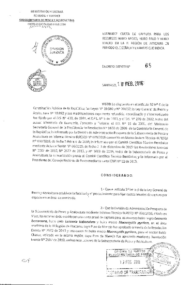 Dec. Ex. N° 68-2016 Establece Cuota de Captura Recursos Huiro negro, Huiro y Huiro macro en la III Región. (F.D.O. 16-02-2016)