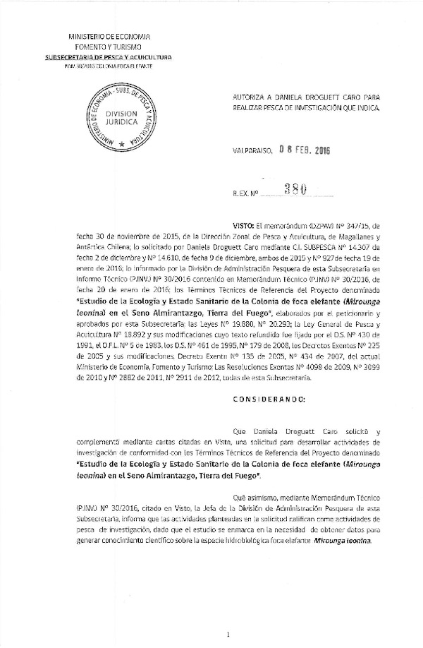 Res. Ex. N° 380-2016 Estudio de la ecología y estado de la colonia de foca elefante, Tierra del Fuego.