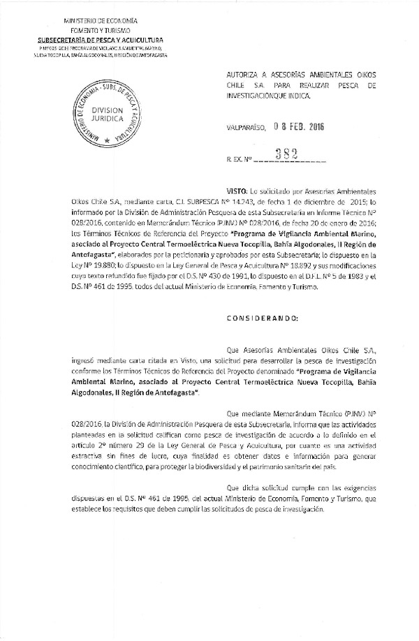 Res. Ex. N° 382-2016 Programa de vigilancia ambiental marino, proyecto Central Termoeléctrica Nueva Tocopilla, II Región.