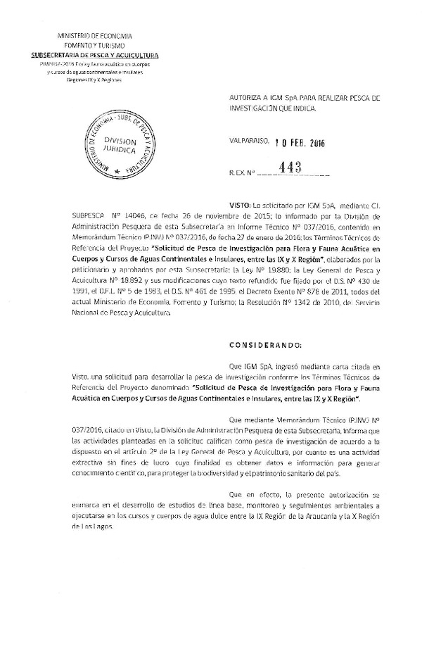 Res. Ex. N° 443-2016 Solicitud de pesca de investigación para Flora y Fauna Acuática, IX-X Reión.