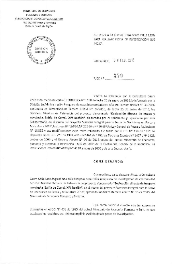Res. Ex. N° 379-2016 Evaluación directa de huepo y navajuela, Bahía de Corral, XIV Región.