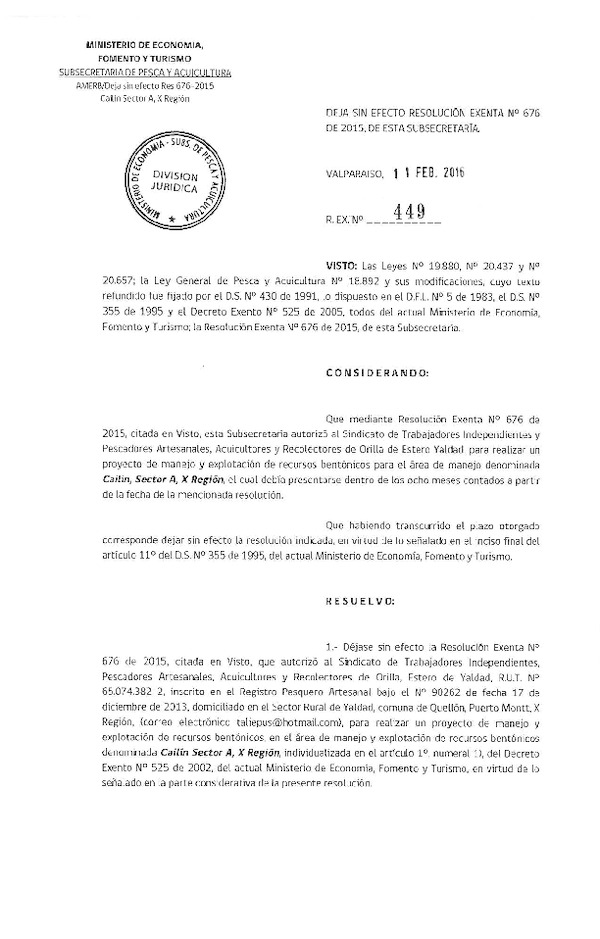Res. Ex. N° 449-2016 DEJA SIN EFECTO Res. Ex. N° 676-2015.