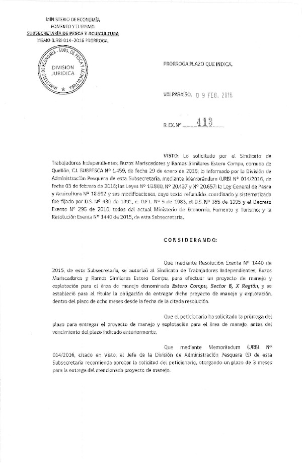 Res. Ex. N° 413-2016 PRORROGA PLAN DE MANEJO.