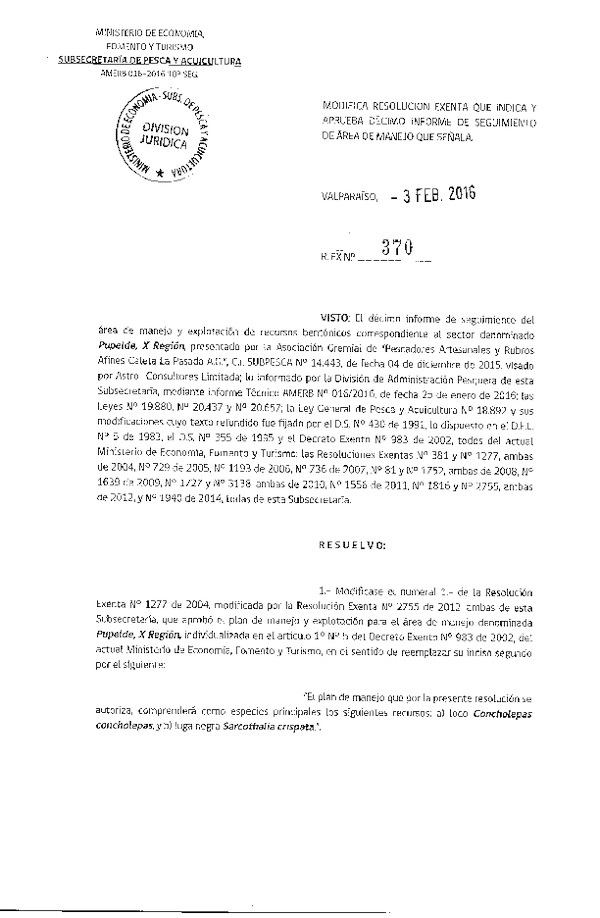 Res. Ex. N° 370-2016 10° SEGUIMIENTO.