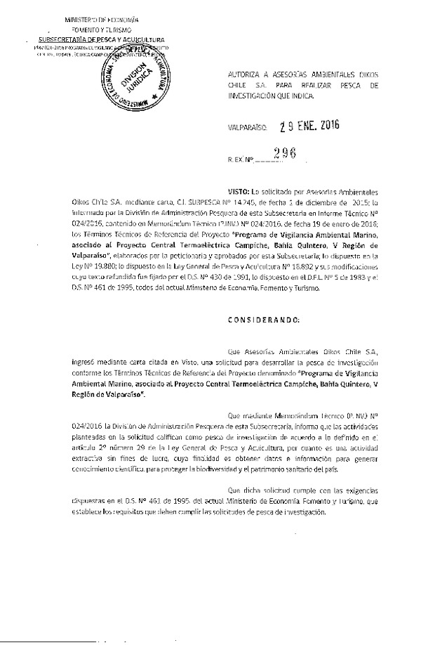 Res. Ex. N° 296-2016 Programa de vigilancia ambiental marino, proyecto Termoeléctrica Campiche, Bahía Quintero, V Región.