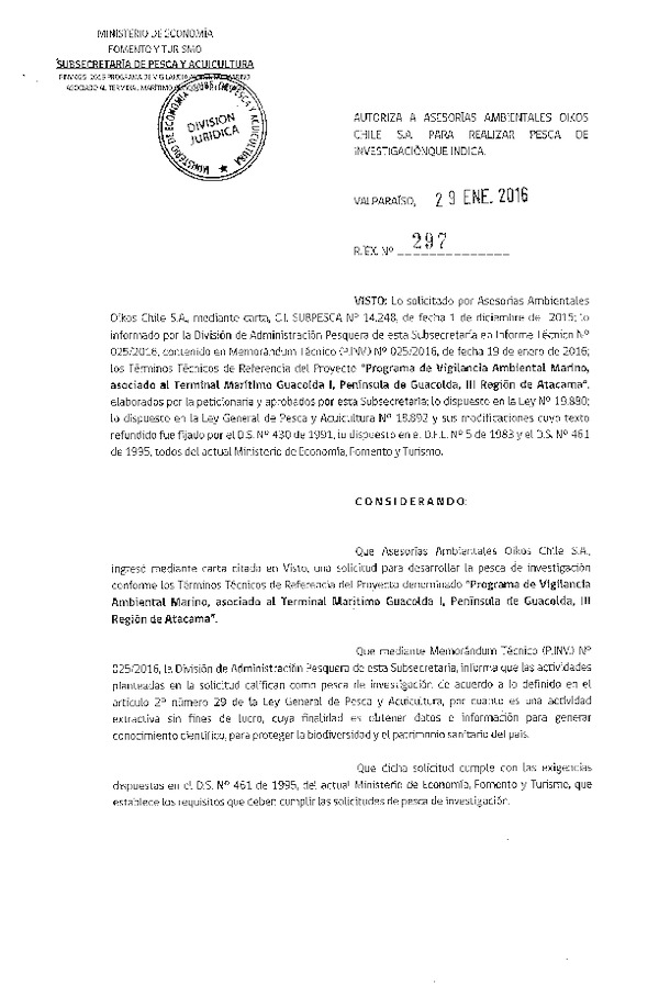 Res. Ex. N° 297-2016 Programa de vigilancia ambiental marino, Terminal Marítimo Guacolda, III Región.