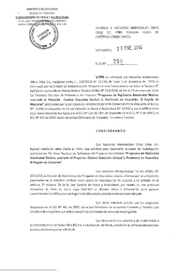 Res. Ex. N° 298-2016 Programa de vigilancia ambiental marino, Central Guacolda 3, Península de Guacolda, III Región.