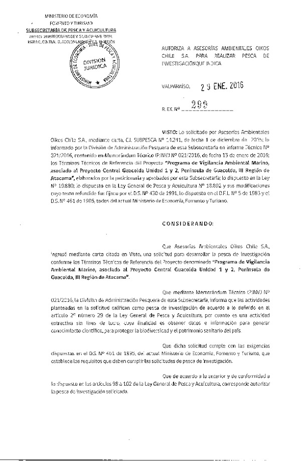 Res. Ex. N° 299-2016 Programa de vigilancia ambiental marino, Central Guacolda Unidad 1 y 2, Península de Guacolda, III Región.