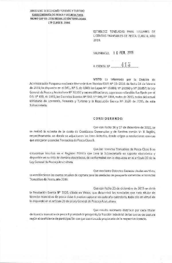 Res. Ex. N° 415-2016 Establece Toneladas para Titulares de Licencias Transables de Pesca, Clase B, Año 2016. (F.D.O. 17-02-2016)