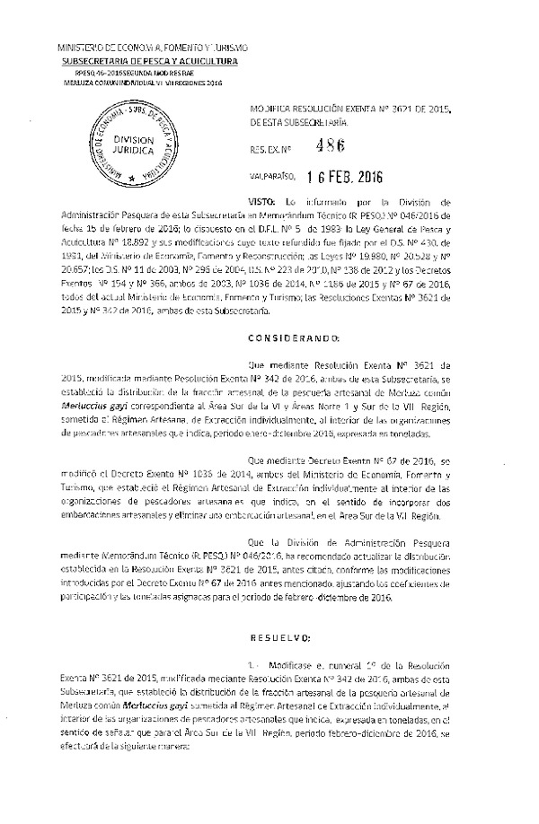 Res. Ex. N° 486-2016 Modifica Res. Ex. N° 3621-2015 Distribución de la Fracción Artesanal de Pesquería de Merluza Común Individual, Área Sur de la VI Región y Áreas Norte 1 y Sur de la VII Región, Año 2016. (F.D.O. 23-02-2016)