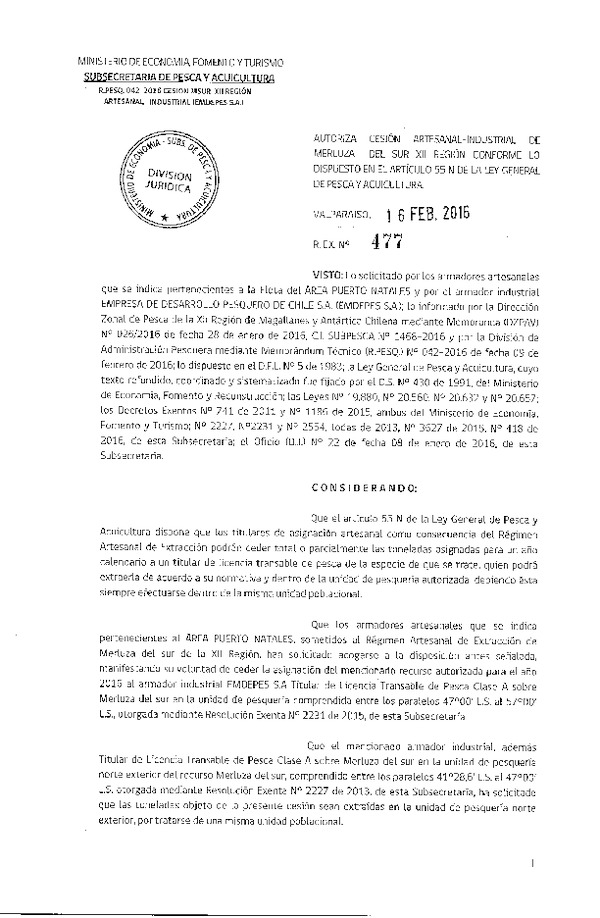Res. Ex. N° 477-2016 Autoriza cesión Merluza del sur XII Región.