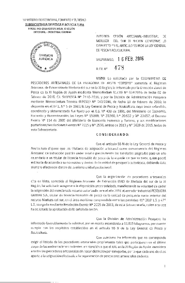 Res. Ex. N° 478-2016 Autoriza Cesión Merluza del Sur XI Región.